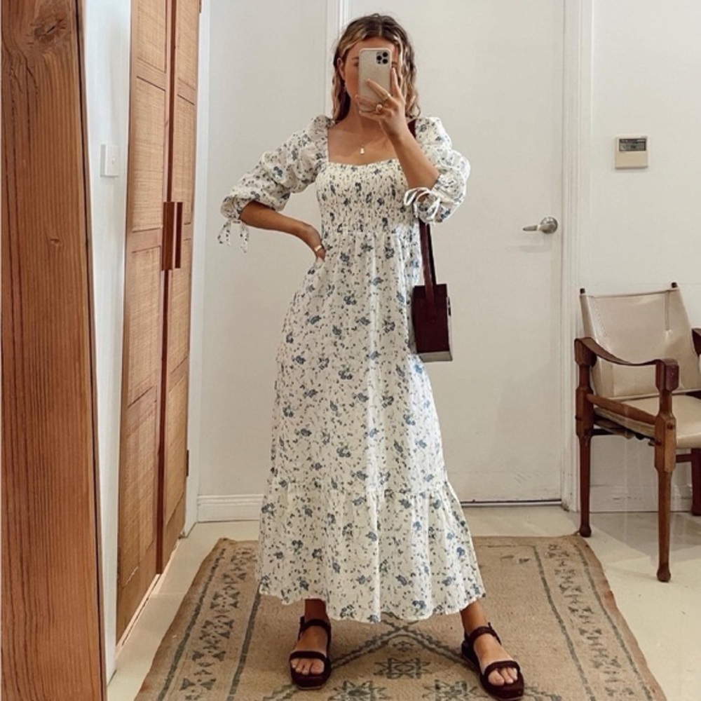 FAITHFULL THE BRAND Marita Floral-Print Linen Midi Dress Size M NWT